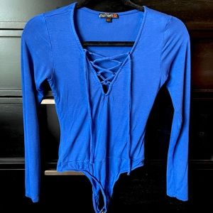 Guess Royal Blue Thong Bodysuit with Long Sleeves and Front Ties